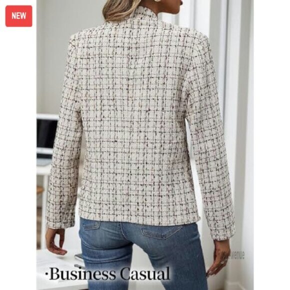 Women's Tweed Blazer Fully Lined Open Front Professional Casual Coat - Picture 6 of 8
